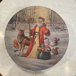 Vintage Old World Santa Reindeer Round Tin with Lid NO MUSIC